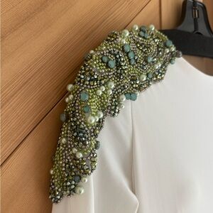 Forever Unique White Dress with Green Embellishments